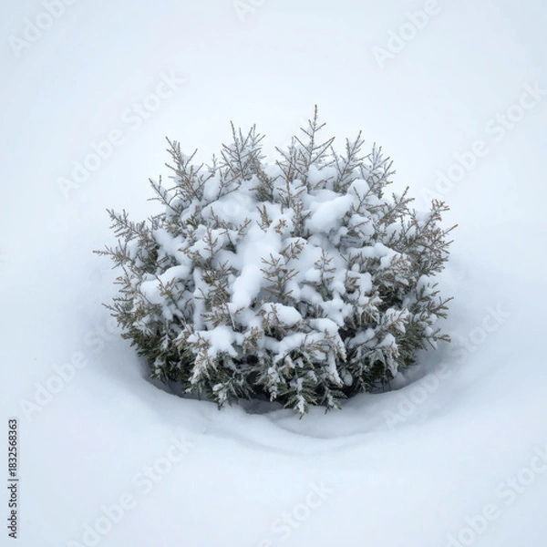 Fototapeta Stark Winter Solitude A Single Snow-Covered Evergreen Bush in a Minimalist Frozen Landscape, Perfect for Holiday & Seasonal Marketing