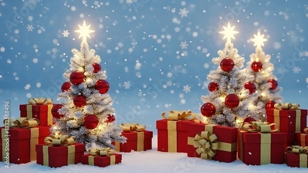 Fototapeta Enchanting winter wonderland with illuminated Christmas trees and festive presents under falling snow