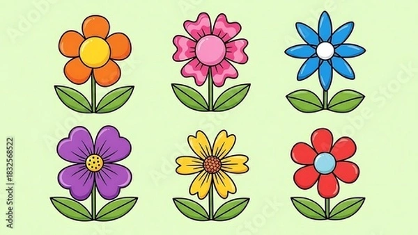 Fototapeta A vibrant collection of six colorful cartoon flowers, each featuring unique petal designs