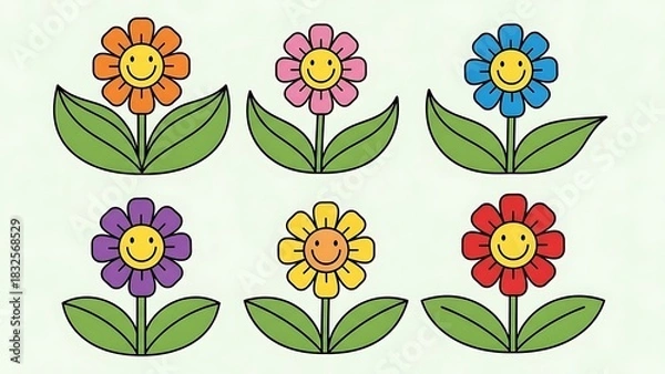 Fototapeta Collection of six vibrant cartoon flowers with joyful smiley faces, ideal for children's designs and cheerful spring themes