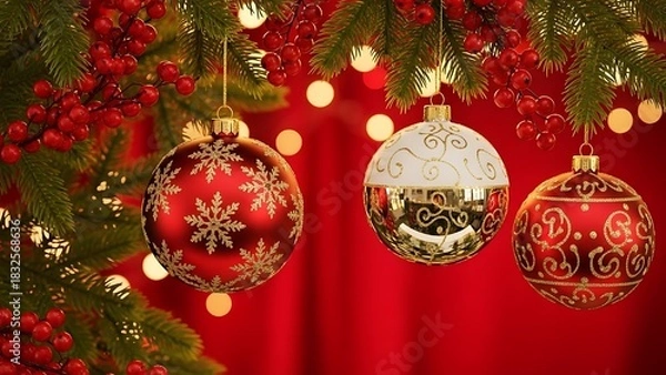 Fototapeta Sparkling Christmas Ornaments Adorning Evergreen Branches, Illuminated by Warm Bokeh Lights, Evoking Festive Holiday Spirit