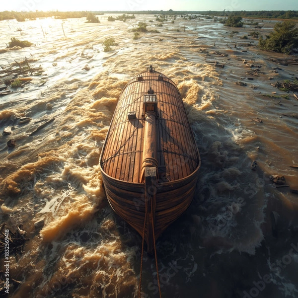 Fototapeta Noah's Ark Overhead Dramatic Top-Down View of Biblical Wooden Ship Amidst Chaotic Flood Waters in Sunlight