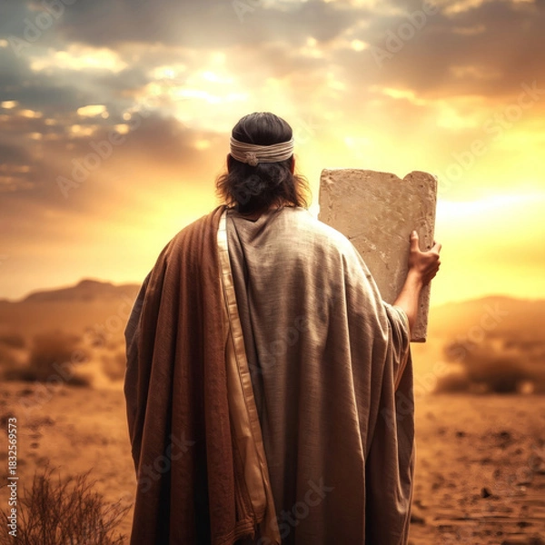 Fototapeta Moses Ten Commandments Back View, Biblical Stone Tablets, Hebrew Scripture, Desert Prophet, Religious Leadership & Sacred Law Concept