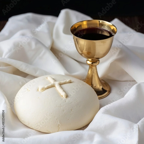 Fototapeta Holy Communion Sacrament Closeup Consecrated Eucharistic Bread, Golden Chalice with Red Wine, and Liturgical Linen Cloth for Christian Worship