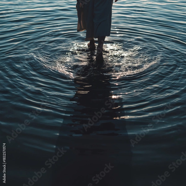 Fototapeta Divine Miracle Silhouette of Jesus Walking on Water, Spiritual Power, Faith, and Supernatural Connection