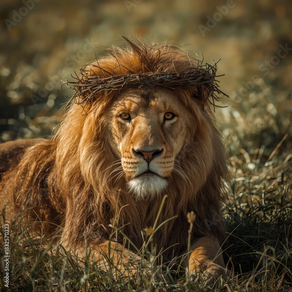 Fototapeta Majestic Lion of Judah with Crown of Thorns A Symbol of Sacrificial Royalty, Divine Strength, and Redemptive Peace in Golden Light
