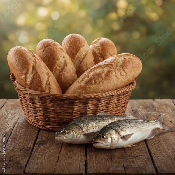 Fototapeta Biblical Miracle Loaves & Fishes High-Resolution  of Freshly Baked Bread and Whole Fish in a Rustic Wicker Basket