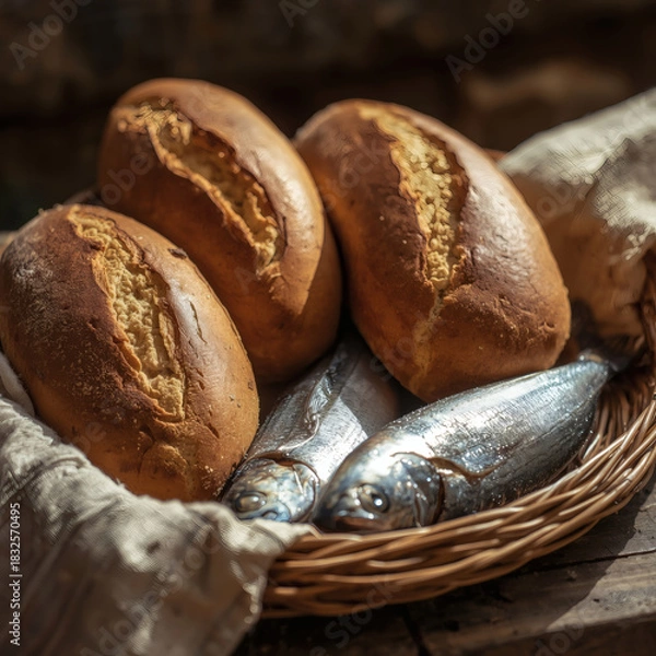 Fototapeta Biblical Miracle of Loaves and Fishes A Serene Still Life of Abundance, Faith, and Divine Provision for Christian Content
