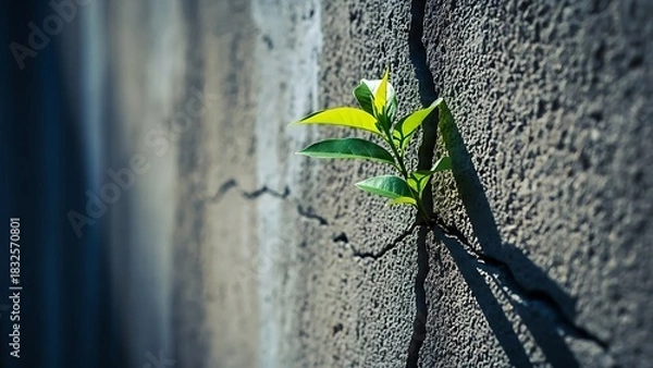 Obraz Resilient Life A Young Plant Thriving in a Crack of a Rough Concrete Wall, Symbolizing Growth and Perseverance