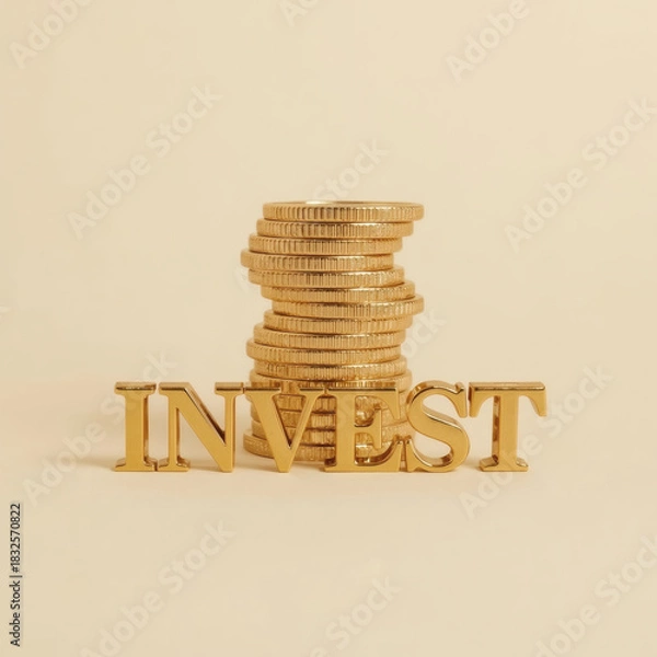 Fototapeta Shiny Gold Coins Stack with INVEST Text, Wealth, Financial Growth, Prosperity, Luxury Investment Concept