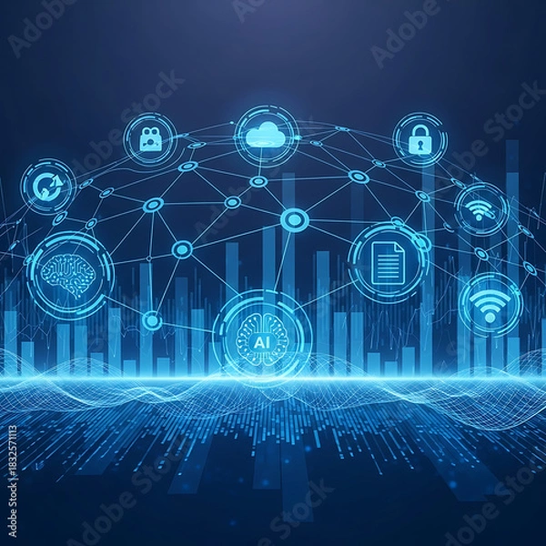 Obraz Futuristic Digital City With Data Waves