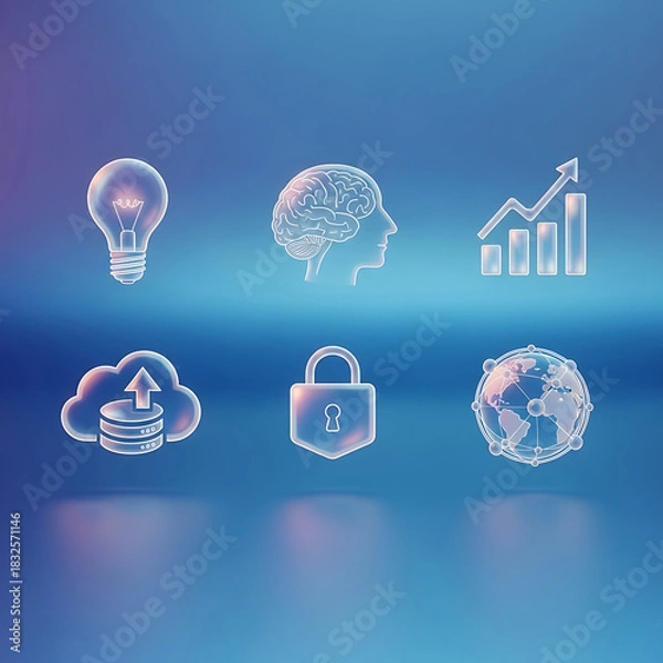 Obraz Digital Brain and Security Icons in Blue Light