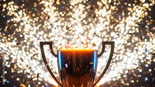 Obraz Golden champion trophy cup shining brightly against a background of explosive fireworks and falling confetti, symbolizing success and victory