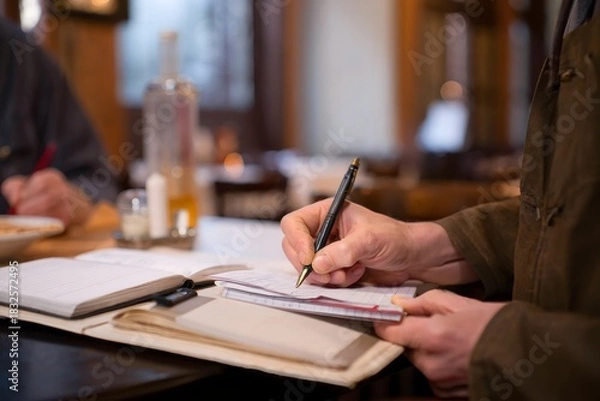 Obraz Man Writing in Notebook at Table with Whiskey Bottle