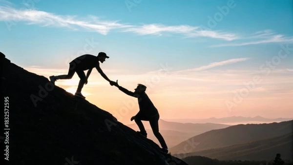 Fototapeta Two Friends Hiking, Helping Each Other Climb a Mountain at Sunset in Beautiful Landscape