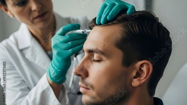 Obraz Experienced medical professional performs precise scalp injection treatment on a man to stimulate hair growth and promote follicle revitalization in a modern clinic