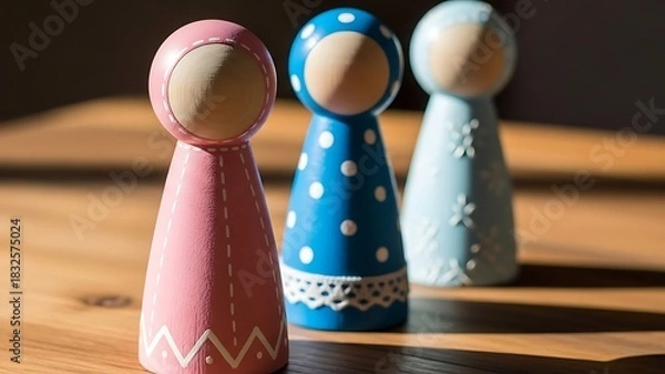 Obraz Three wooden peg dolls in various colors, each with a unique design, placed on a wooden surface with soft focus