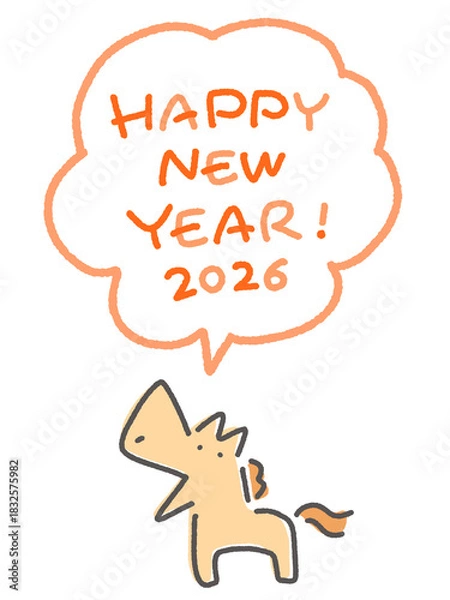 Obraz HAPPY NEW YEAR 2026 新年をお祝いする笑顔のかわいい馬キャラクターと吹き出し
