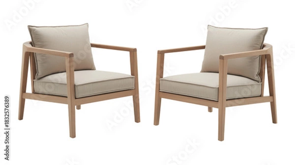 Fototapeta Pair of modern light wood frame armchairs with beige cushions