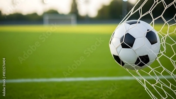 Fototapeta A classic black and white soccer ball hitting the back of the net for a winning goal on a lush green grass field