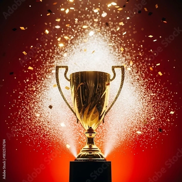 Obraz Golden trophy awarded to a winner with a burst of confetti and light, symbolizing achievement and success in a competition, championship, or award ceremony