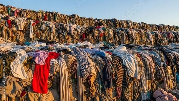 Obraz Mountains of discarded clothing piled high in a massive textile waste dump, highlighting the environmental impact of fast fashion and consumerism