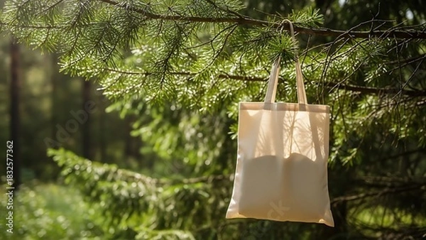 Obraz Eco-friendly canvas tote bag hanging from a pine tree branch in a serene forest setting, promoting sustainability and conscious consumerism