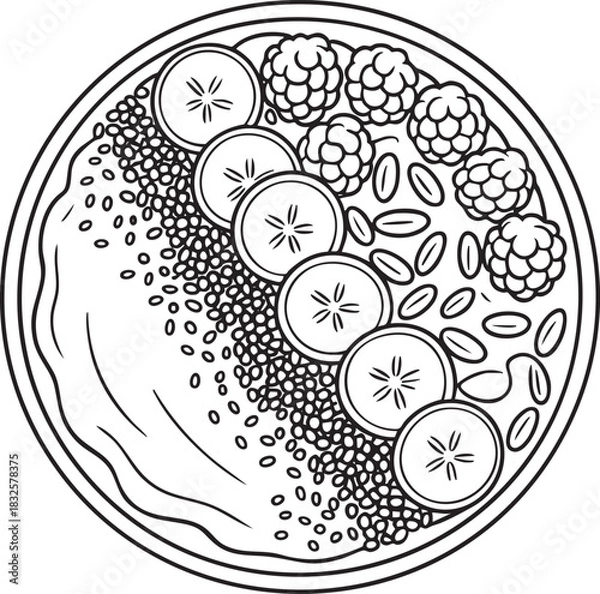 Fototapeta Black and white line drawing of a bowl of fruit and seeds banana raspberry