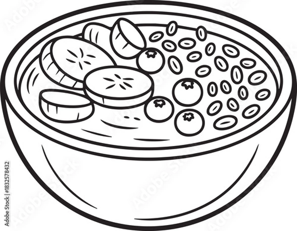Fototapeta Black and white outline drawing of a bowl of oatmeal with blueberries and banana slices breakfast