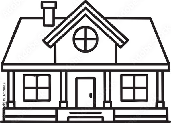 Fototapeta Black and white outline of a simple house with a chimney and porch home building