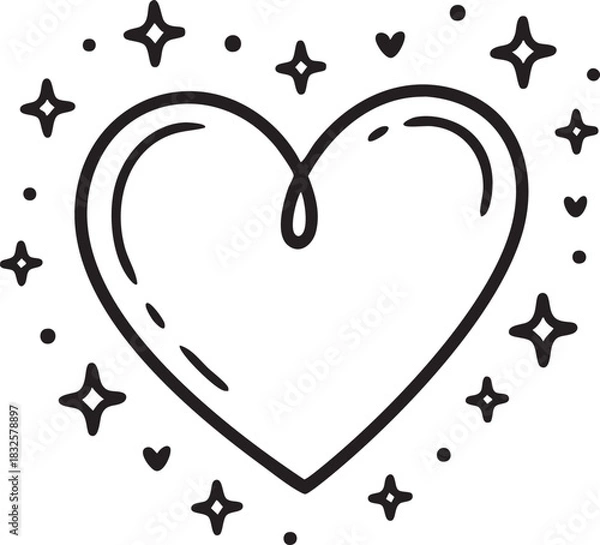 Fototapeta Black outline heart shape with sparkling stars and dots on white background love romance