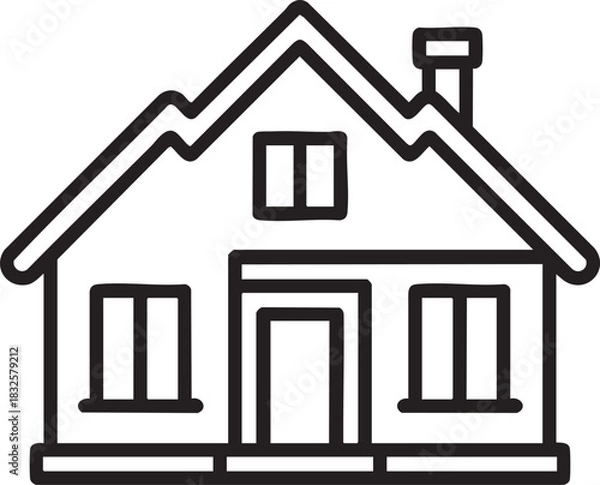 Fototapeta Black outline of a two story house with a chimney and windows home building