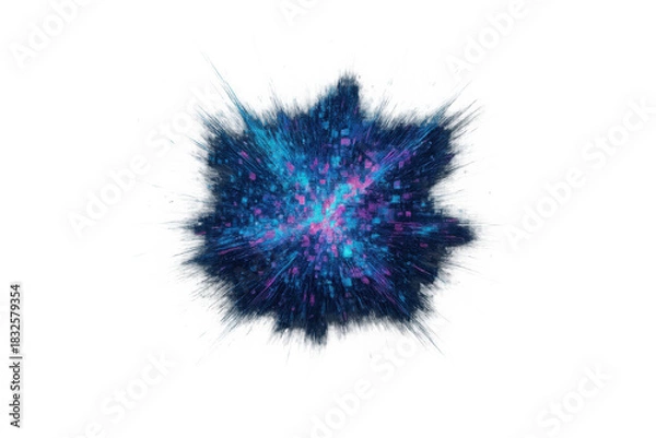 Fototapeta Abstract exploding light particles forming a vibrant energy burst with neon blue and pink sparks. Transparent background