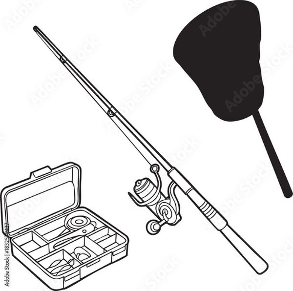 Fototapeta Fishing rod reel tackle box and net on white background vector