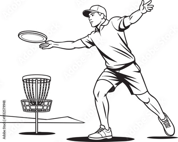 Fototapeta Man in cap throwing disc towards basket in disc golf game sport player