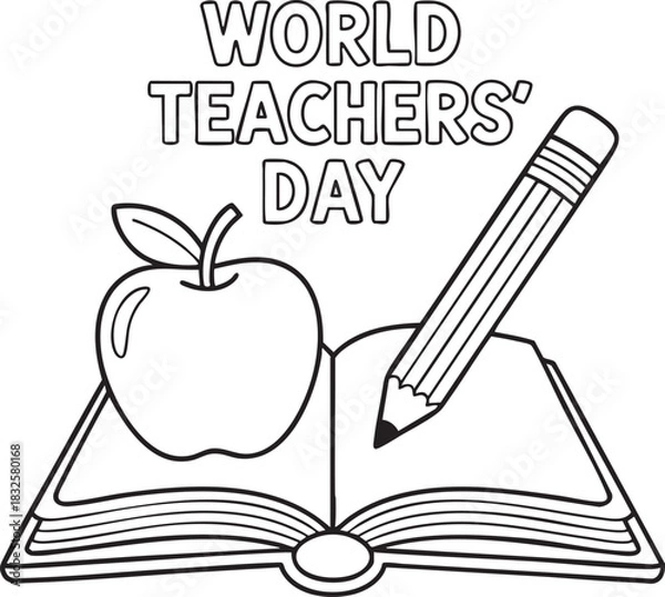 Fototapeta Open book with apple and pencil celebrating World Teachers Day education learning