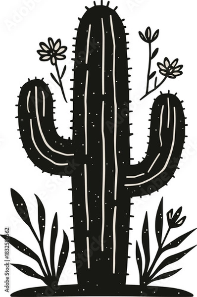 Obraz Bold Black Cactus Silhouette – Minimalist Desert Plant Line Art