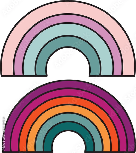 Fototapeta Two stylized rainbows with pastel and vibrant color palettes on white background pink purple