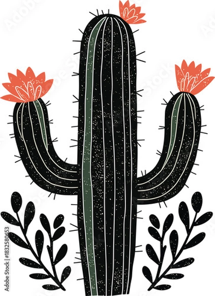 Obraz Bold Black Cactus Silhouette – Minimalist Desert Plant Line Art