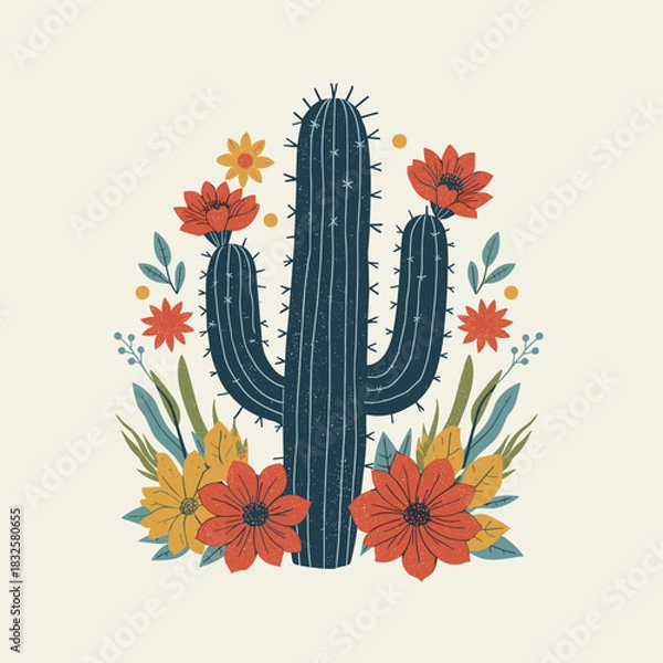 Obraz Vintage Desert Cactus Illustration with Colorful Flowers – Retro Botanical Artwork
