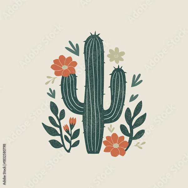 Obraz Cute Floral Cactus Illustration with Desert Flowers – Hand-Drawn Botanical Design