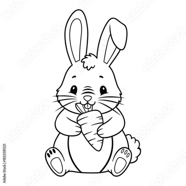 Obraz Cute cartoon bunny rabbit sitting and eating a carrot illustration