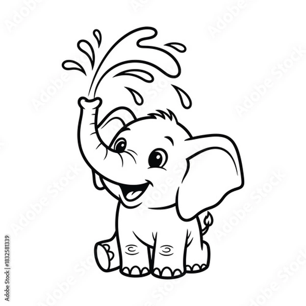 Obraz Adorable baby elephant spraying water from its trunk with a happy expression