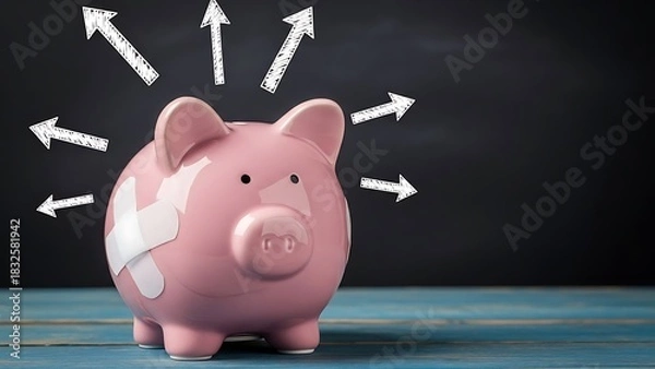 Obraz Piggy Bank with Bandage and Arrows Pointing Upward Symbolizing Financial Recovery and Growth in Savings