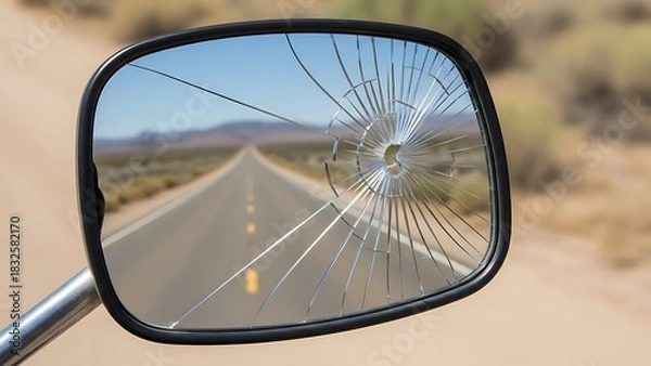Obraz Broken car mirror reflecting a desolate highway stretching into the distance, symbolizing a damaged perspective or journey
