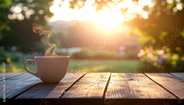 Fototapeta A steaming cup sits on a wooden table, bathed in the warm glow of the rising or setting sun in a natural setting.