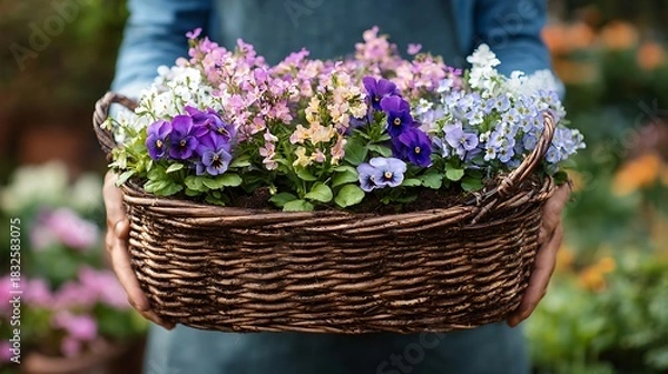 Obraz Beautiful colorful spring flower bouquet in a decorated basket