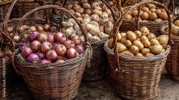 Obraz Fresh organic green and black olives on a market produce stall with healthy red tomatoes and yellow lemons