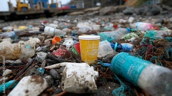 Obraz Fishing nets and floats in the harbor with smoke rising from a fresh meat barbecue grill