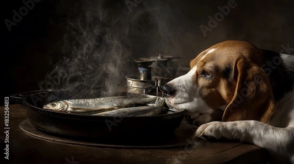 Obraz Cute domestic beagle puppy in a bowl eating food in the kitchen